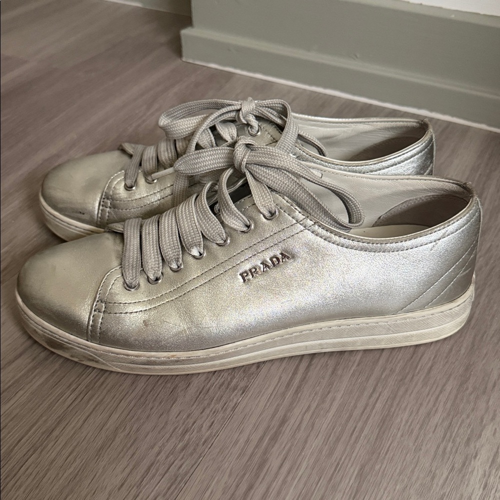 Prada Metallic Silver Leather Low Top Sneakers, size 38.5 - Picture 13 of 15